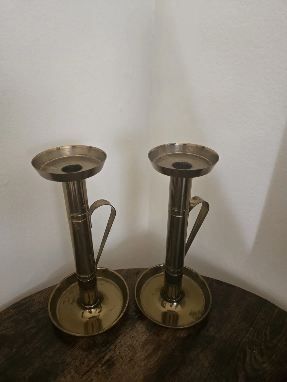 Rare Vintage Signed Brass Trumpet Handled Candlestick Holders Pair